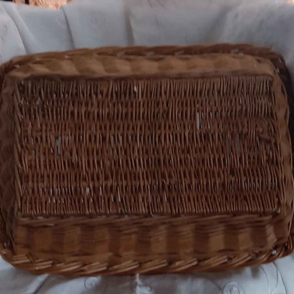 Vintage Rectangular Wicker Basket With A Woven Cane Handle